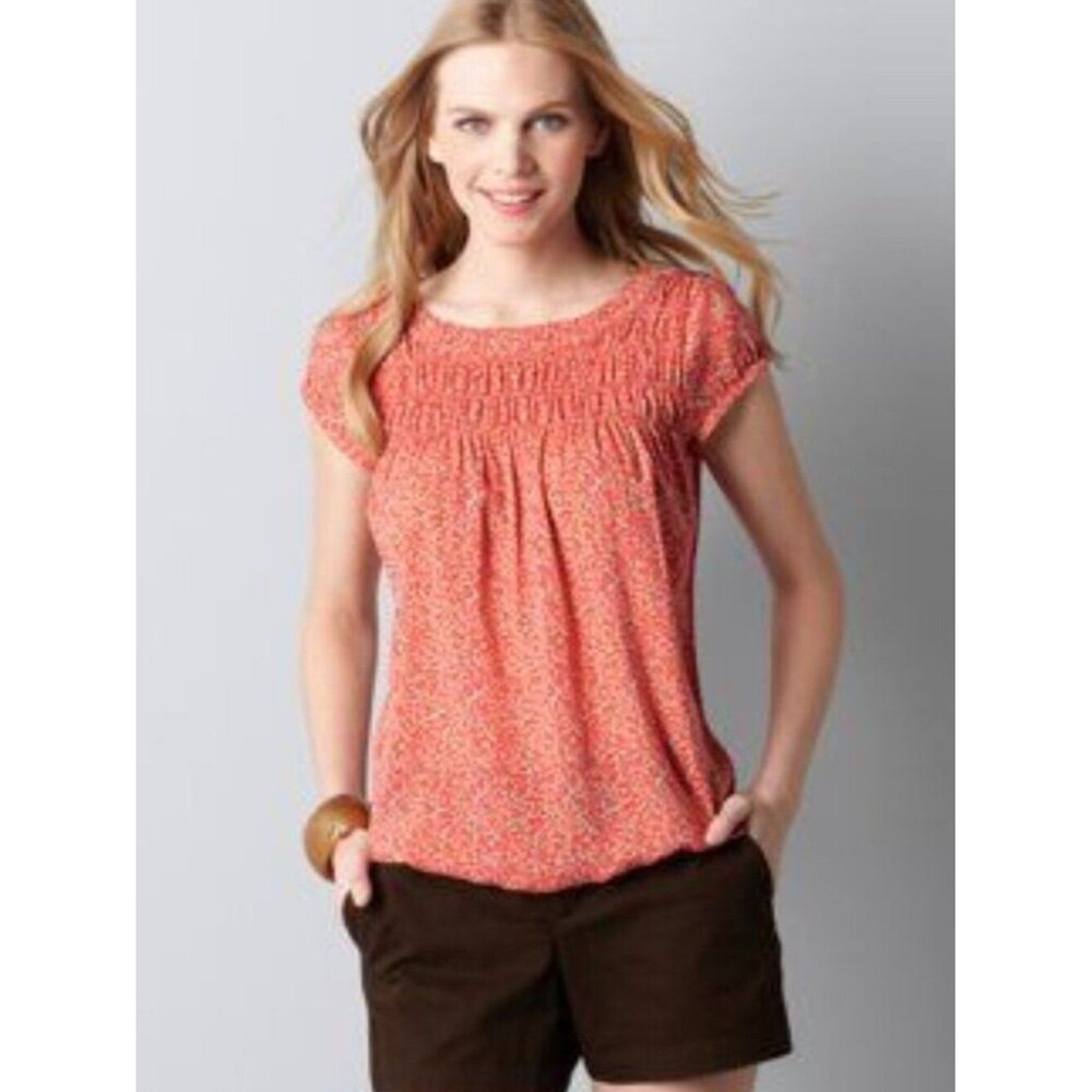 LOFT Floral Smocked Blouse Size Medium | Cap Sleeve Peasant Top Bubble Hem